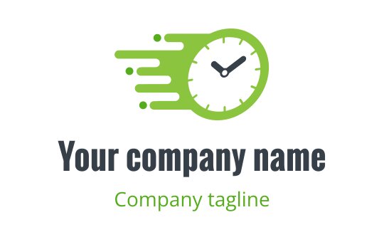 Dynamic clock logo design with green motion lines and bold text