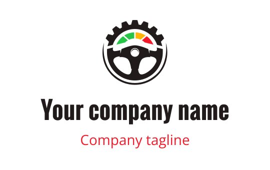 Modern logo design featuring a steering wheel and gear motif