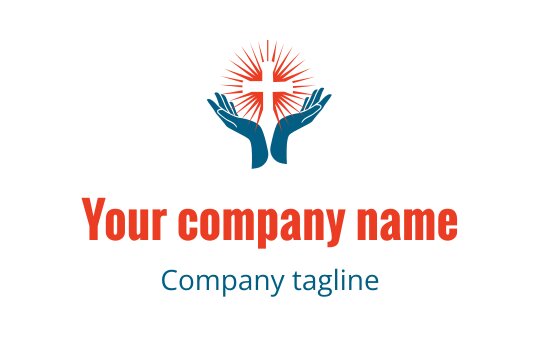 Caring hands logo design with a radiant cross and sunburst elements