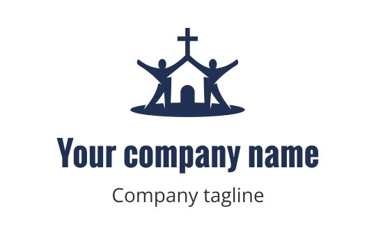 Community-focused logo design featuring a church and two figures with raised arms