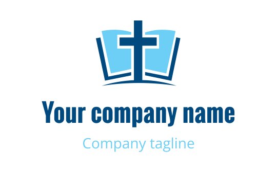 Modern logo design featuring a cross above an open book in blue