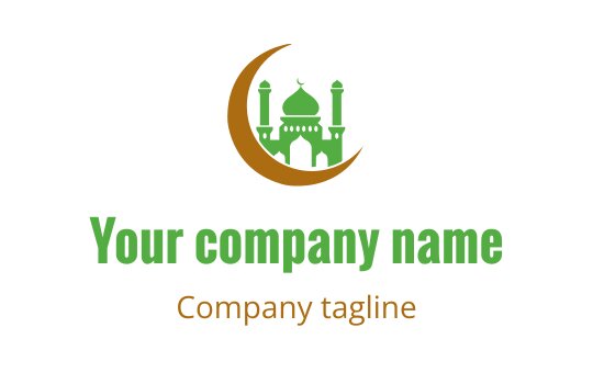 Elegant mosque logo design with a crescent moon and green accents