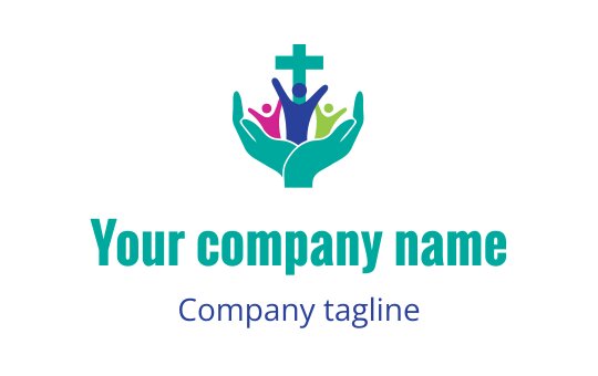 Colorful logo design featuring hands supporting diverse figures and a cross