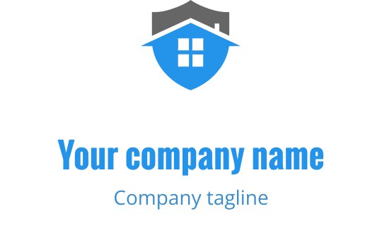 Shield-shaped logo design featuring a blue house silhouette and bold text