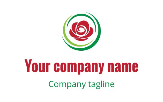 Elegant rose logo design with green circular accents and bold red text