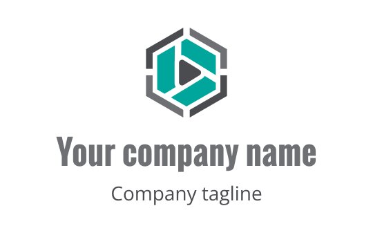 Modern hexagonal logo design featuring a play button in teal and gray