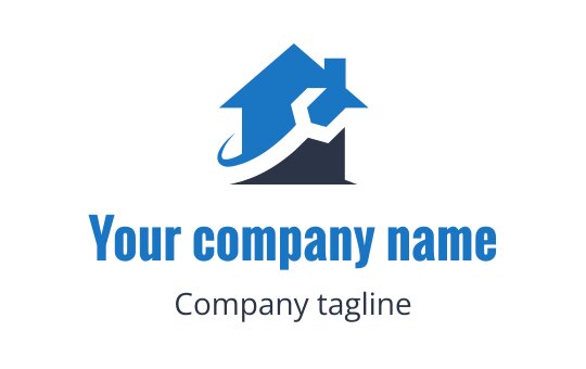 Modern blue house logo design with a stylized roof and key element