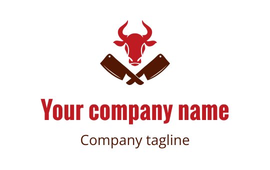 Bold bull head logo design with crossed cleavers in red and brown
