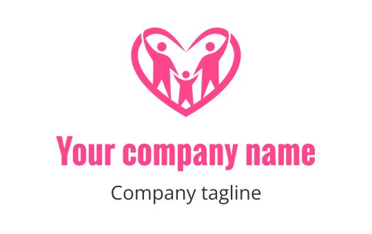 Heart-shaped logo design featuring two adults and a child in pink