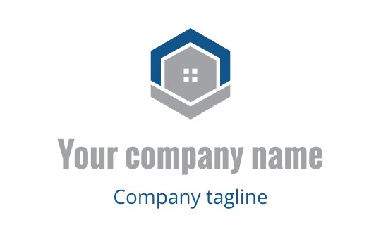 Modern hexagonal logo design featuring a house silhouette in blue and gray