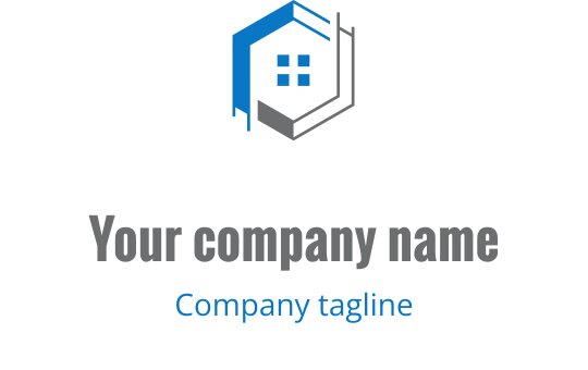 Modern hexagonal logo design featuring a house outline and blue accents