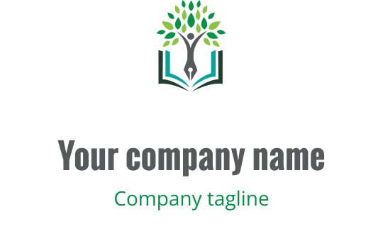 Modern logo design featuring stylized figures and an open book in teal and green