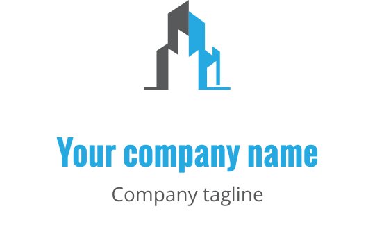 Minimalist gray and blue logo design featuring a stylized building outline