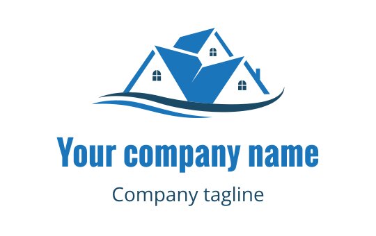 Modern blue house logo design with stylized roofs and waves