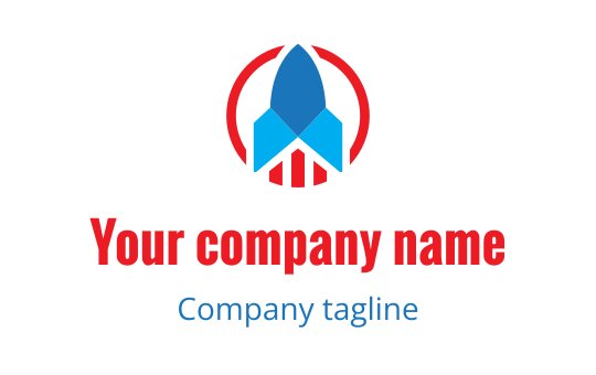 Bold rocket logo design in red and blue with circular accents