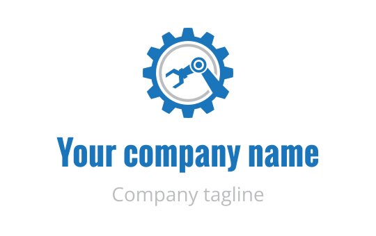 Modern blue gear logo design featuring a wrench and magnifying glass