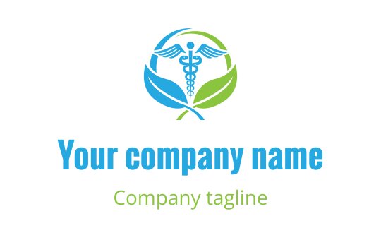 Modern logo design featuring a caduceus surrounded by green leaves