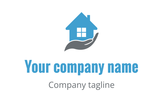 Modern house logo design with a blue roof and hand element