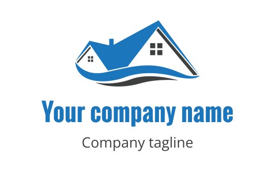 Modern house logo design with blue roof and flowing wave element