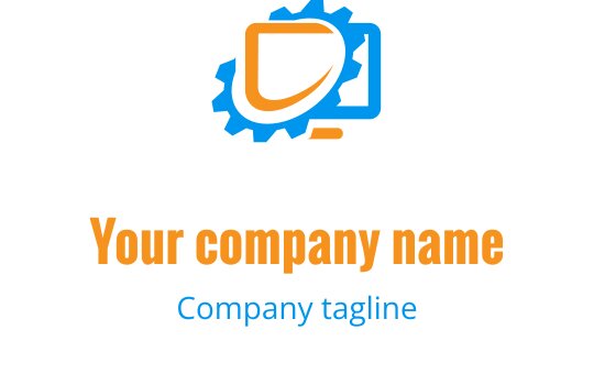 Modern blue and orange logo design featuring a stylized computer and tools